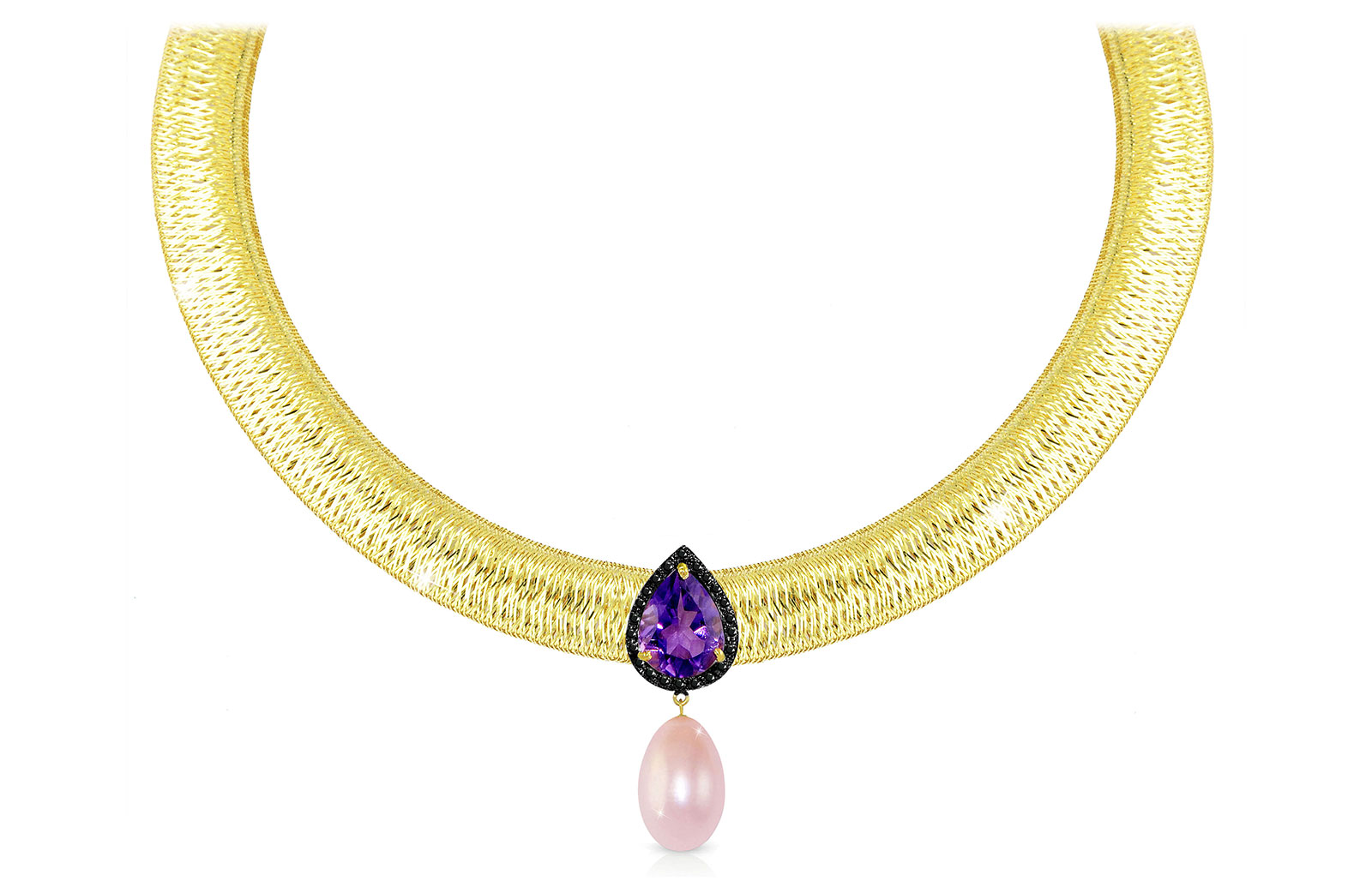 Vera Perla 18K Gold 0.12ct  Black Diamonds, Amethyst and 13mm Purple Pearl  Necklace